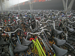 Hundreds of bycycles on a parking place